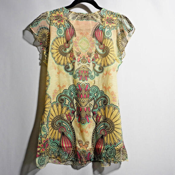 Unity World Wear Y2K Yellow Beaded Paisley Boho Psychedelic Top Flutter Sleeve M - Picture 5 of 7